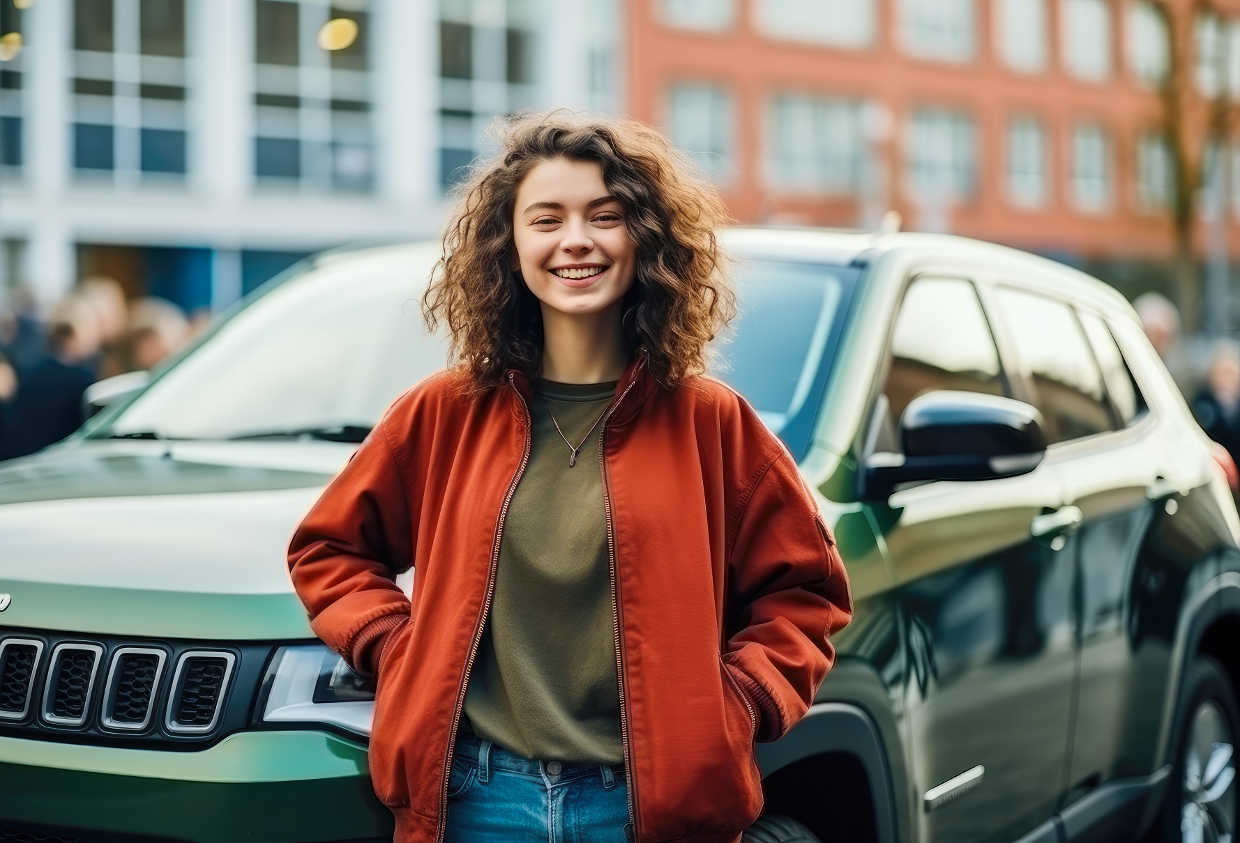  Junge Frau vor einem Auto 