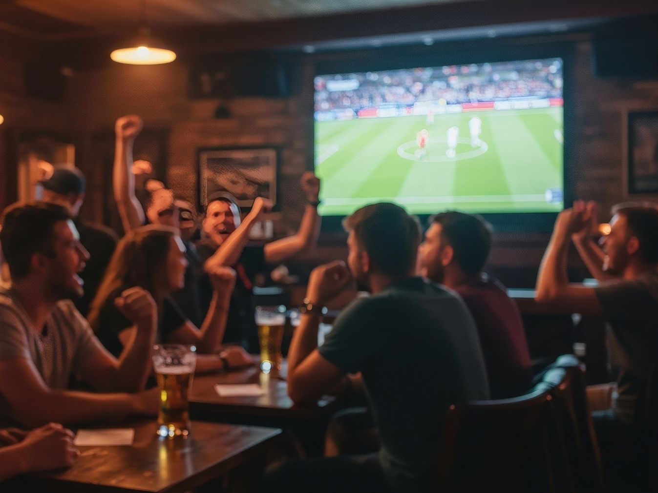  Menschen sitzen in einer Kneipe und jubeln zum Fußball 