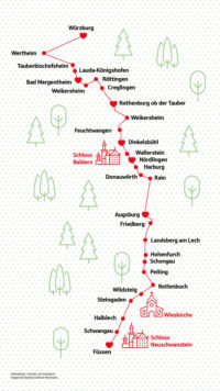 Karte von der Route Füssen bis Würzburg