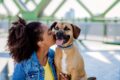 Eine Frau mit Hund auf der Rheinbrücke