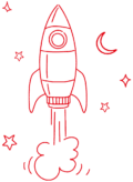 Gescribbelte Rakete mit Mond und Sternen